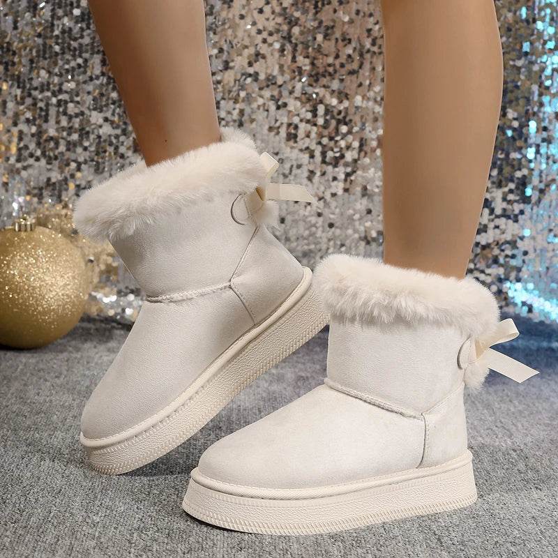 Bow Detail Round-Toe Flat Snow Boots – Soft Velvet Warm Winter Shoes for Women